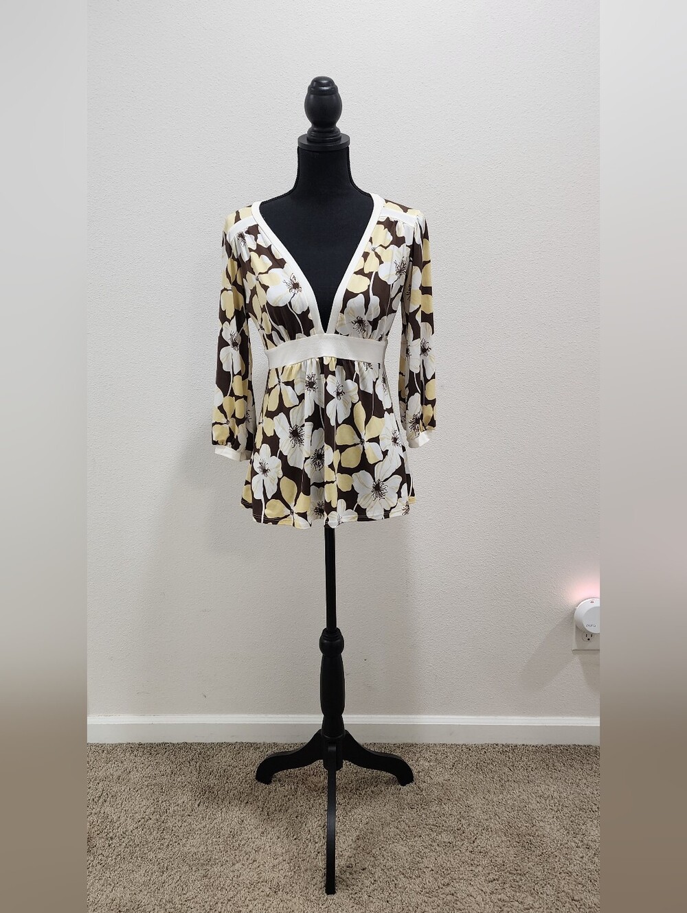 Tempted Floral V-Neck Empire Waist Top in Cream and Brown